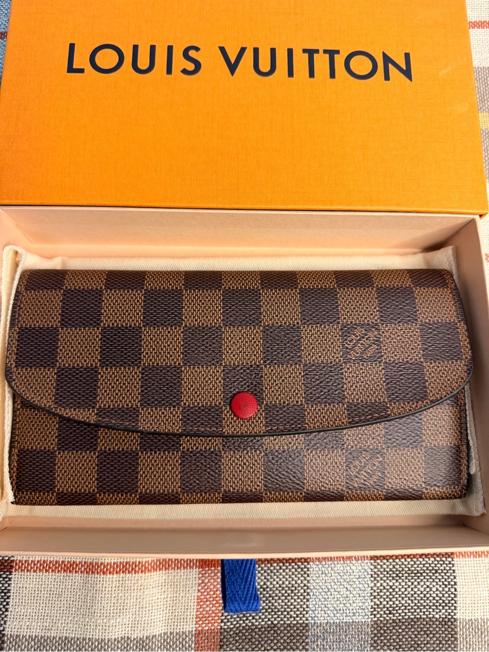 Louis Vuitton Emilie Brown Damier Ebene Continental Wallet with Red Snap Accent